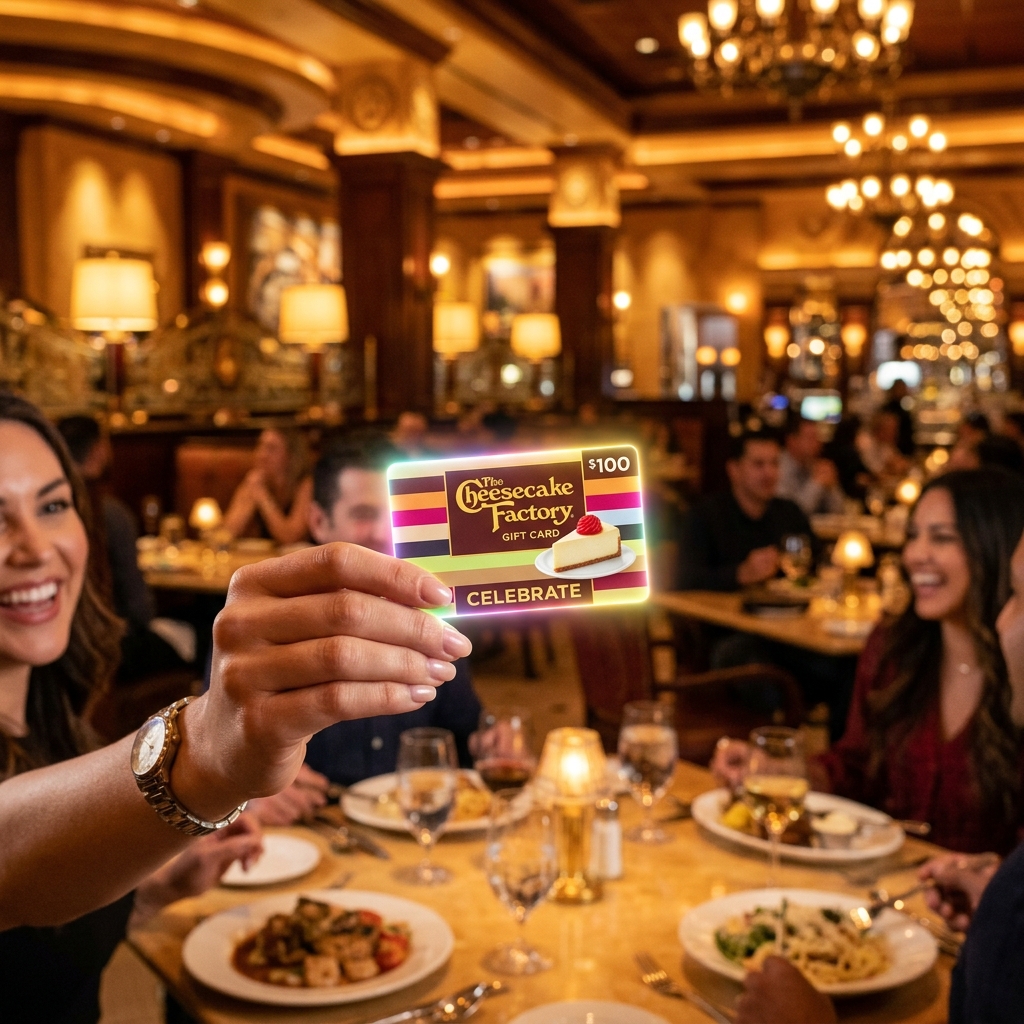A premium glowing Cheesecake Factory gift card held up in a luxurious dining room