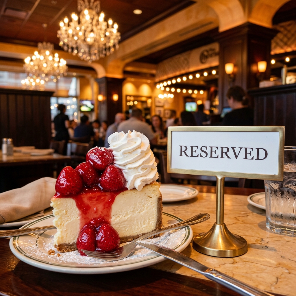 A reserved dining table in a luxurious, warm glowing Cheesecake Factory dining room