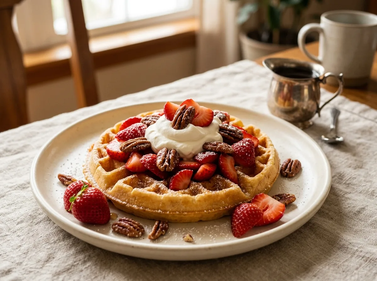 Giant Belgian Waffle with Strawberries, Pecans and Chantilly Cream