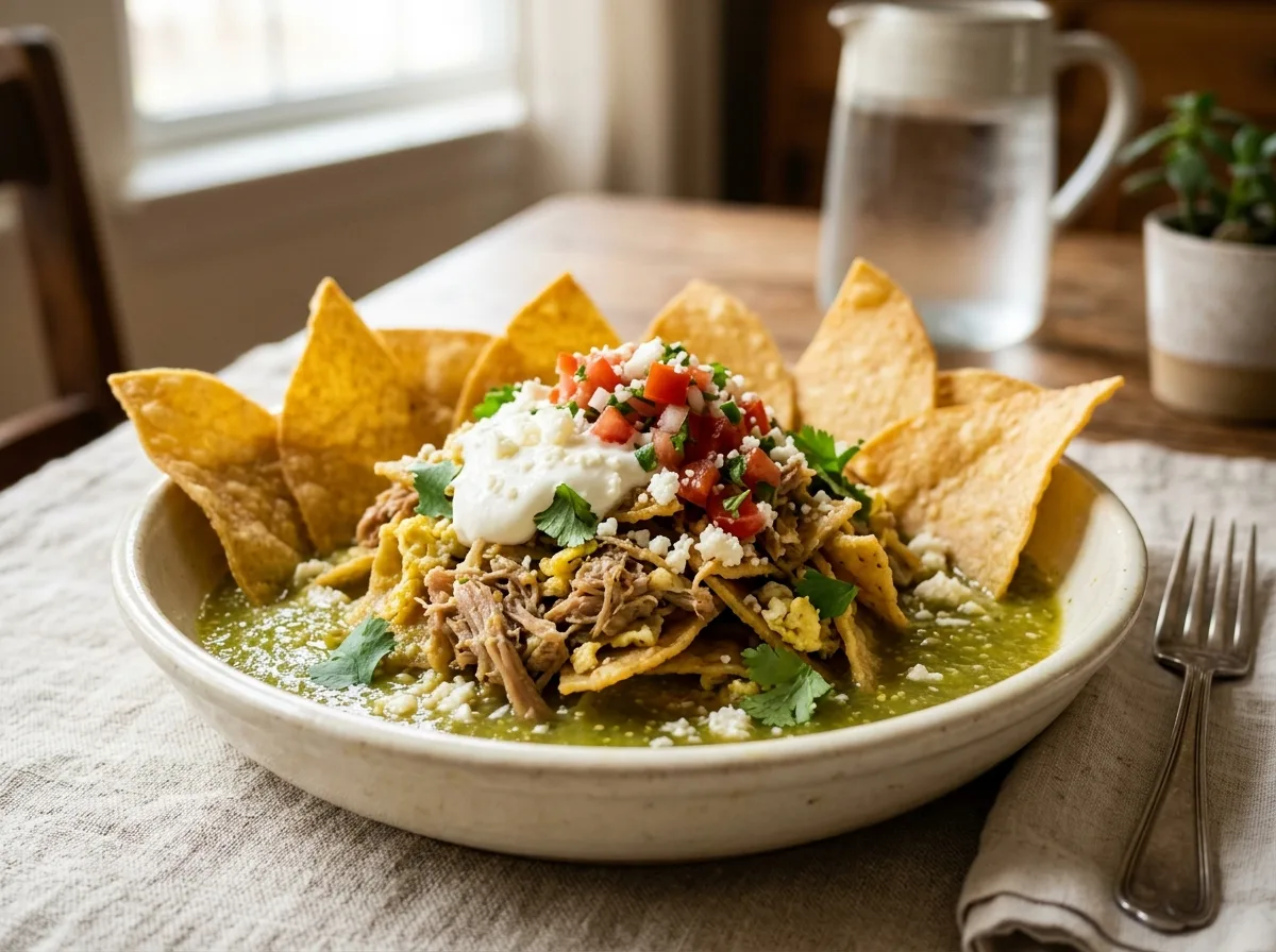 Green Chilaquiles with Carnitas and Eggs*