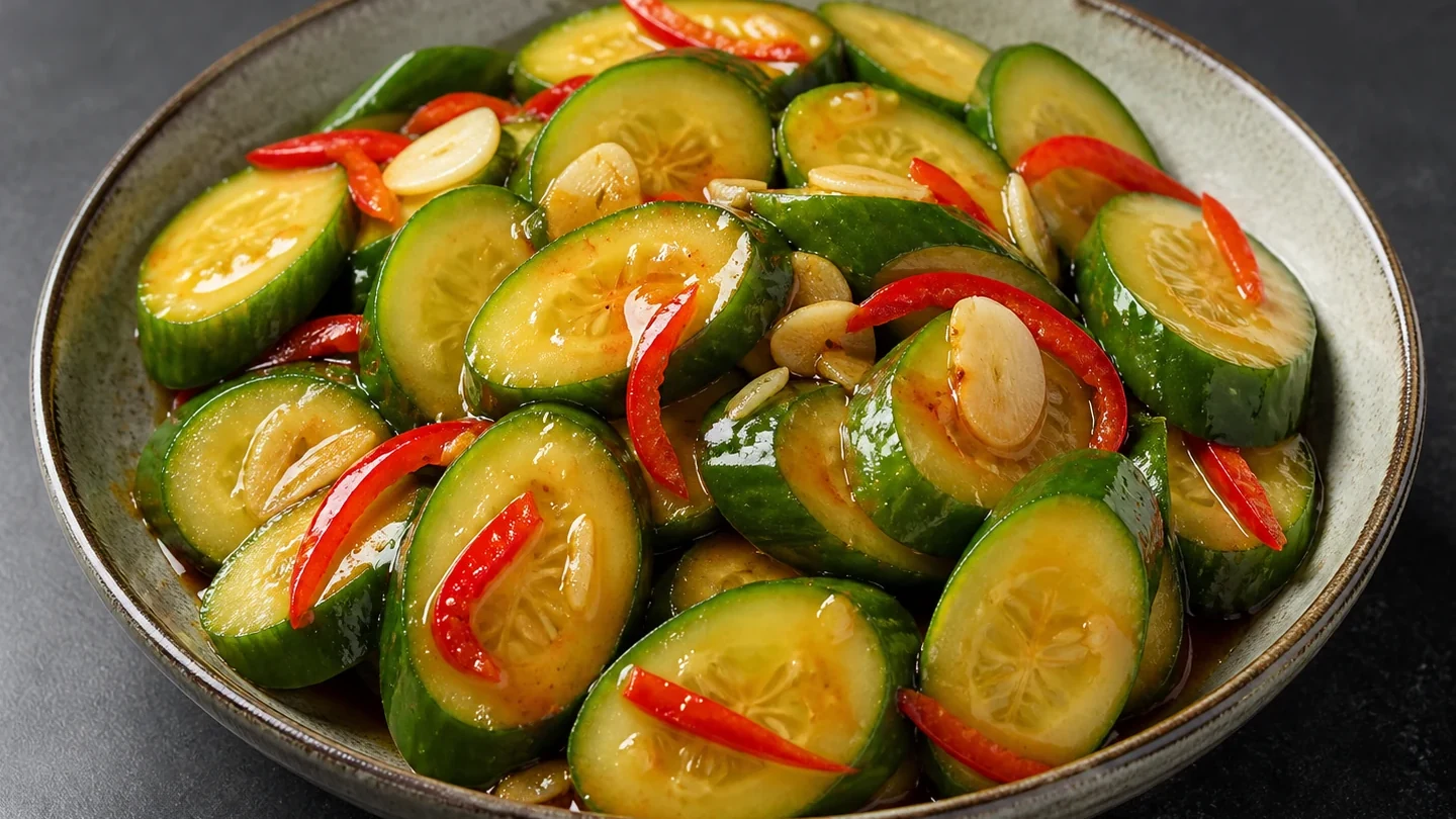 Thick Persian cucumber rounds with sliced garlic and seeded red jalapeno in a glossy marinade