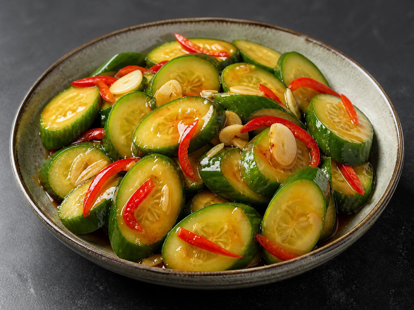 Thick Persian cucumber rounds with sliced garlic and seeded red jalapeno in a glossy marinade