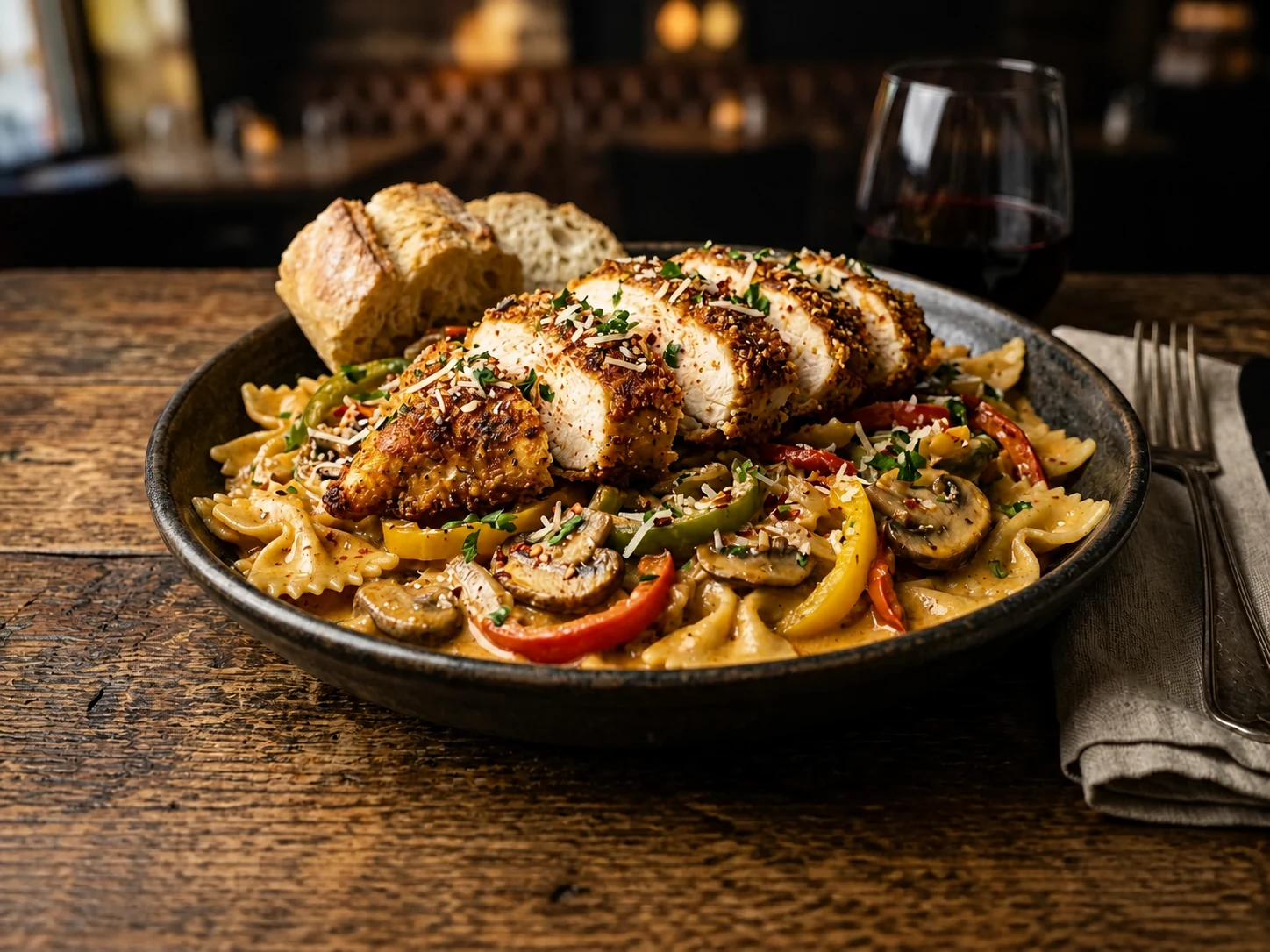 Parmesan-crusted chicken over bow-tie pasta with peppers and mushrooms in a spicy cream sauce