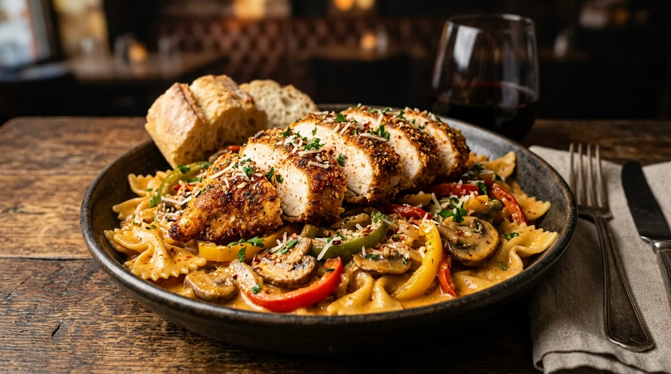 Parmesan-crusted chicken over bow-tie pasta with peppers and mushrooms in a spicy cream sauce