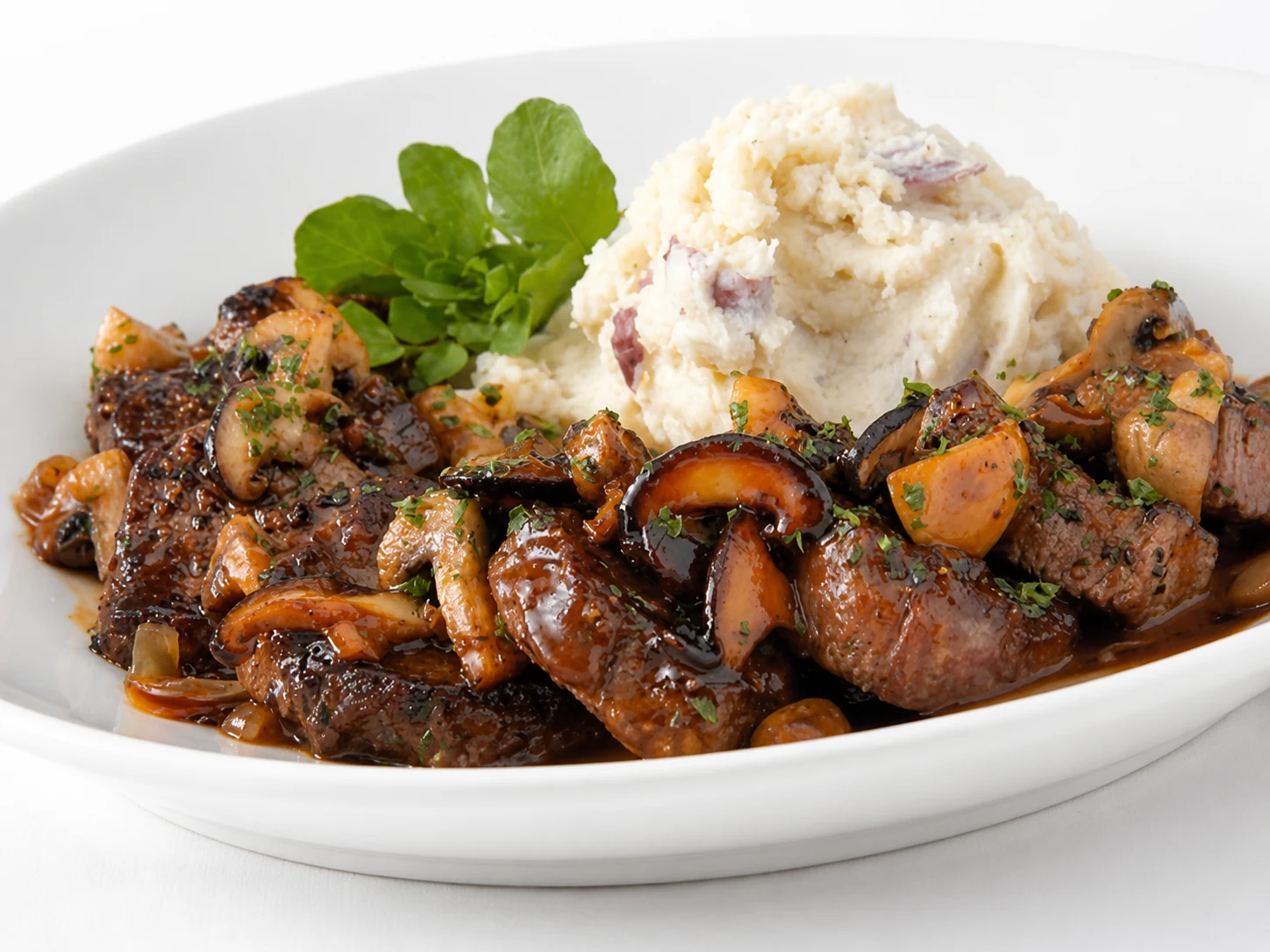 Peppercorn-crusted beef medallions under a mushroom wine sauce with grilled onions