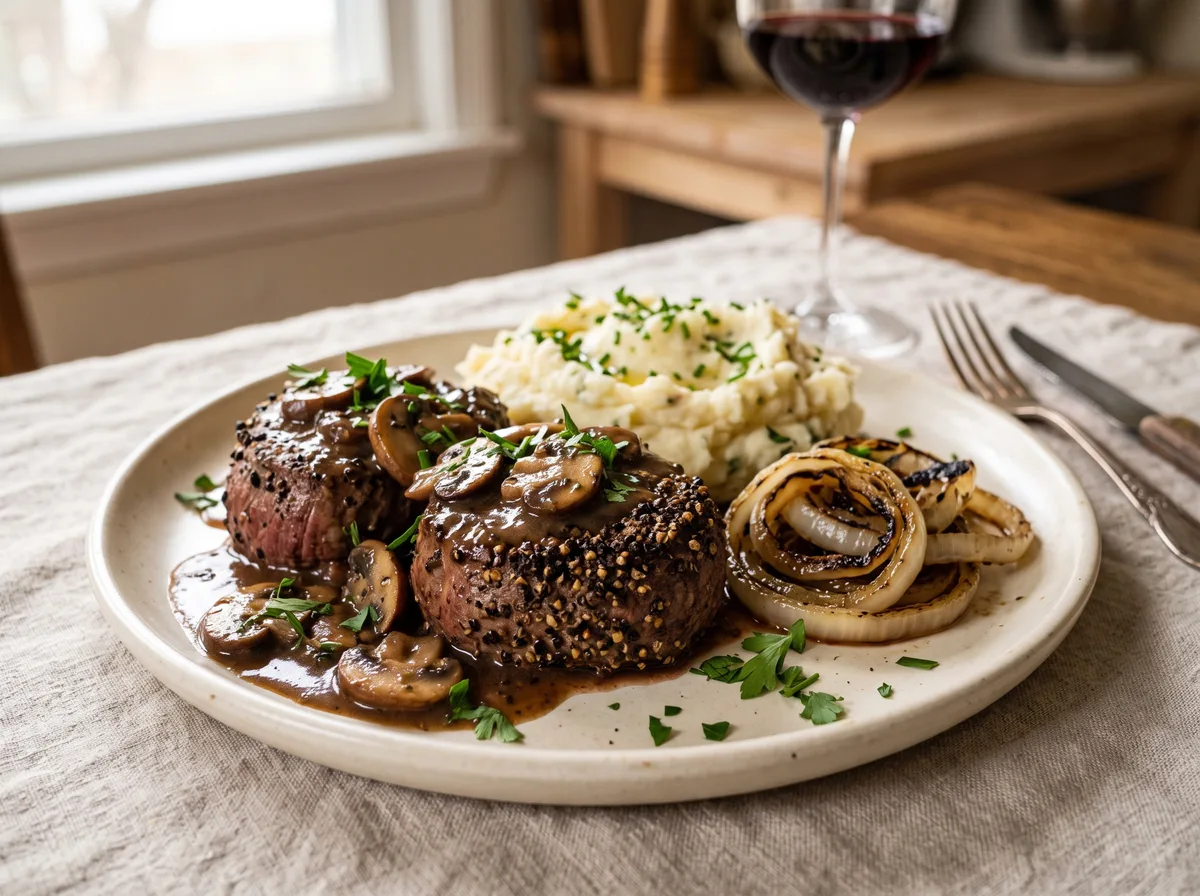 Two peppercorn-crusted beef medallions under a mushroom Madeira sauce with grilled onions and mashed potatoes