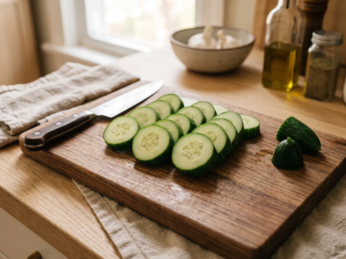 Persian cucumbers cut into thick rounds on a wooden board