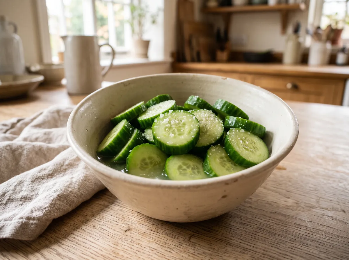 Cucumber rounds curing with salt and sugar, liquid pooling in the bowl