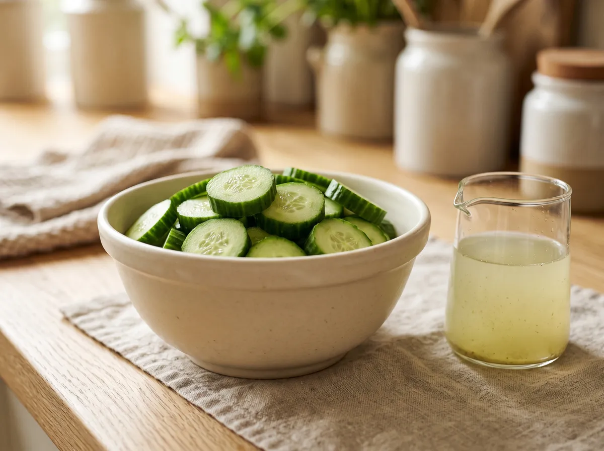 Drained cucumber rounds in a bowl beside the liquid they released