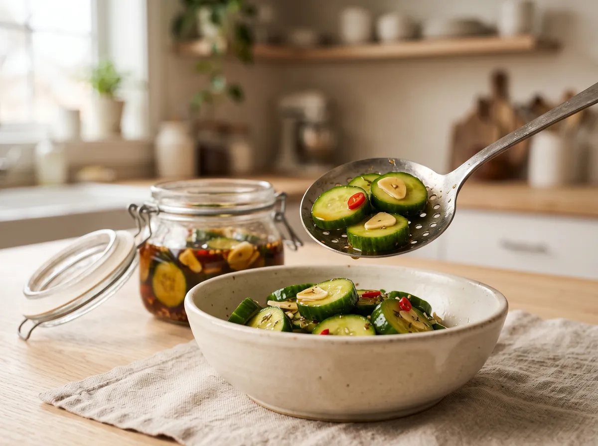Marinated cucumber rounds lifted with a slotted spoon into a serving bowl