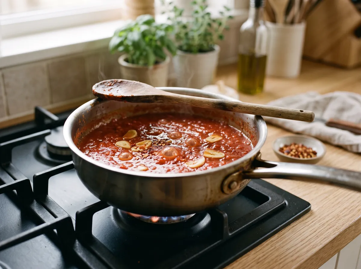 Crushed tomato sauce simmering in a saucepan with sliced golden garlic and red pepper flakes