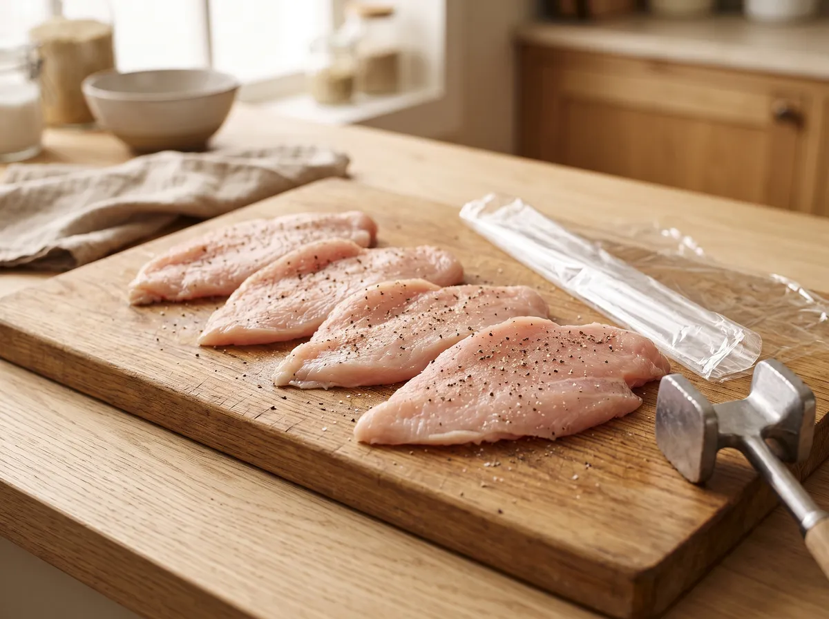 Four chicken breasts pounded into flat cutlets on a wooden board beside a meat mallet