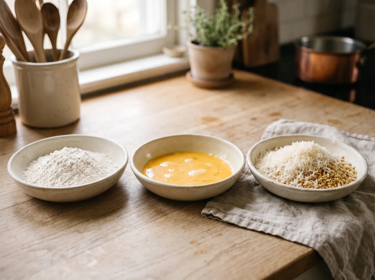 Three dishes set up for breading: flour, beaten egg, and grated Romano and Parmesan with panko