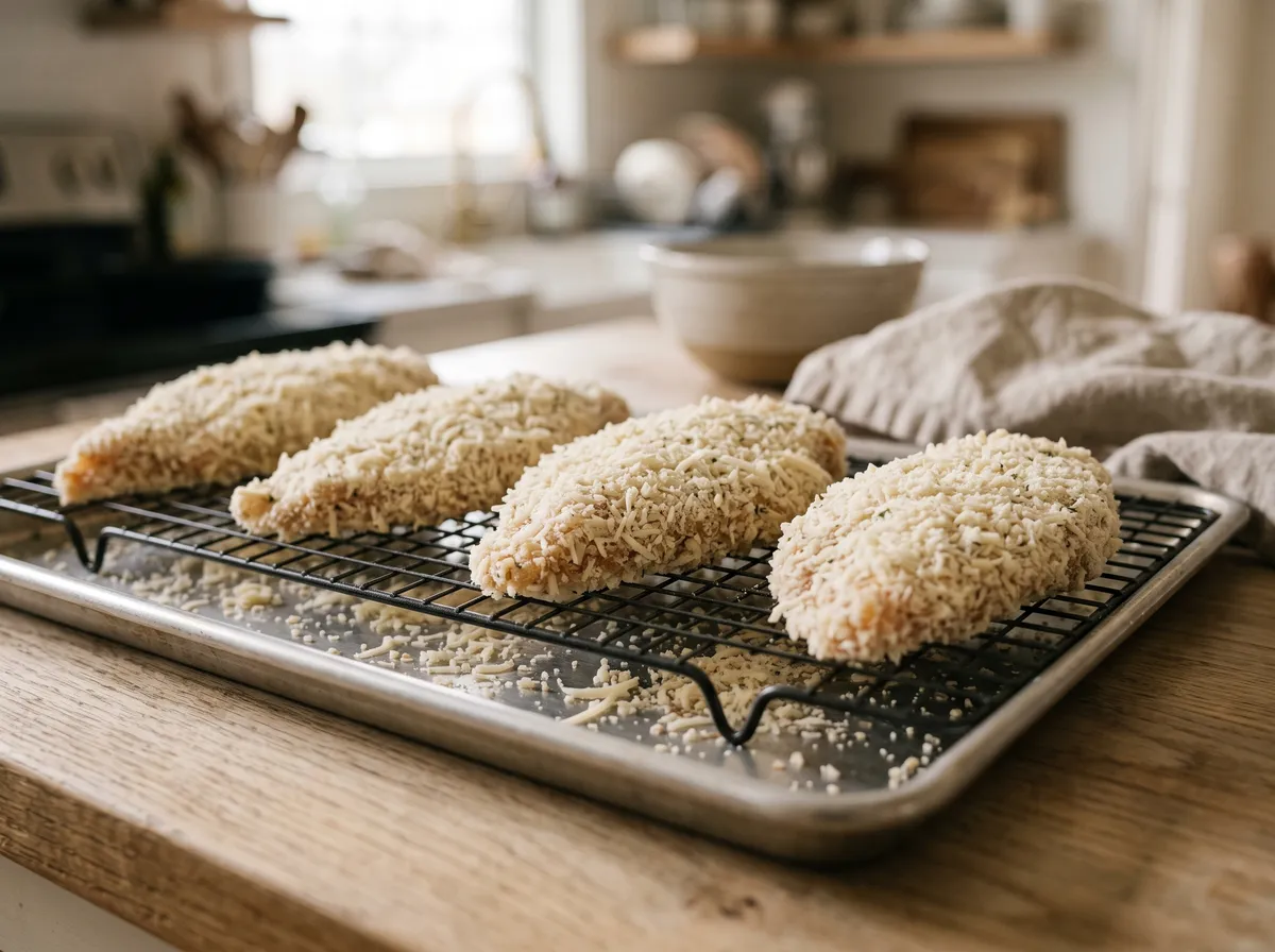 Four cheese-crusted raw chicken cutlets chilling on a wire rack over a baking sheet