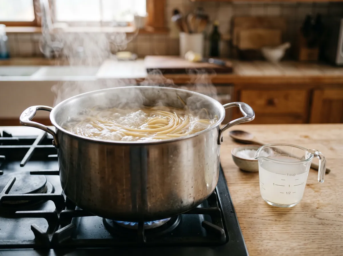 Spaghetti boiling in a stainless pot with a cup of reserved pasta water beside it
