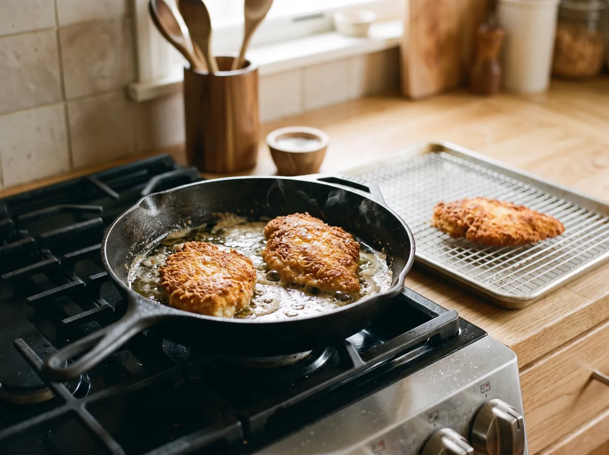 Two cheese-crusted cutlets frying in a cast-iron skillet, one finished cutlet on a rack