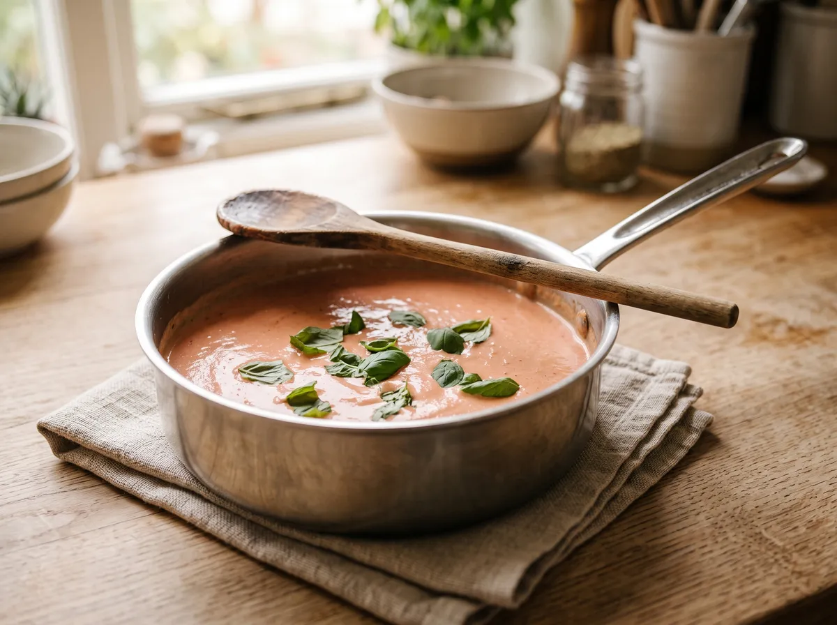 Pale pink tomato sauce with cream, butter and torn basil stirred in, off the heat