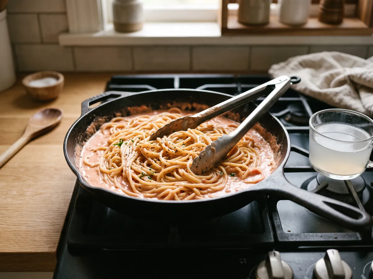 Spaghetti tossed in pink tomato sauce in a skillet with tongs and a cup of pasta water