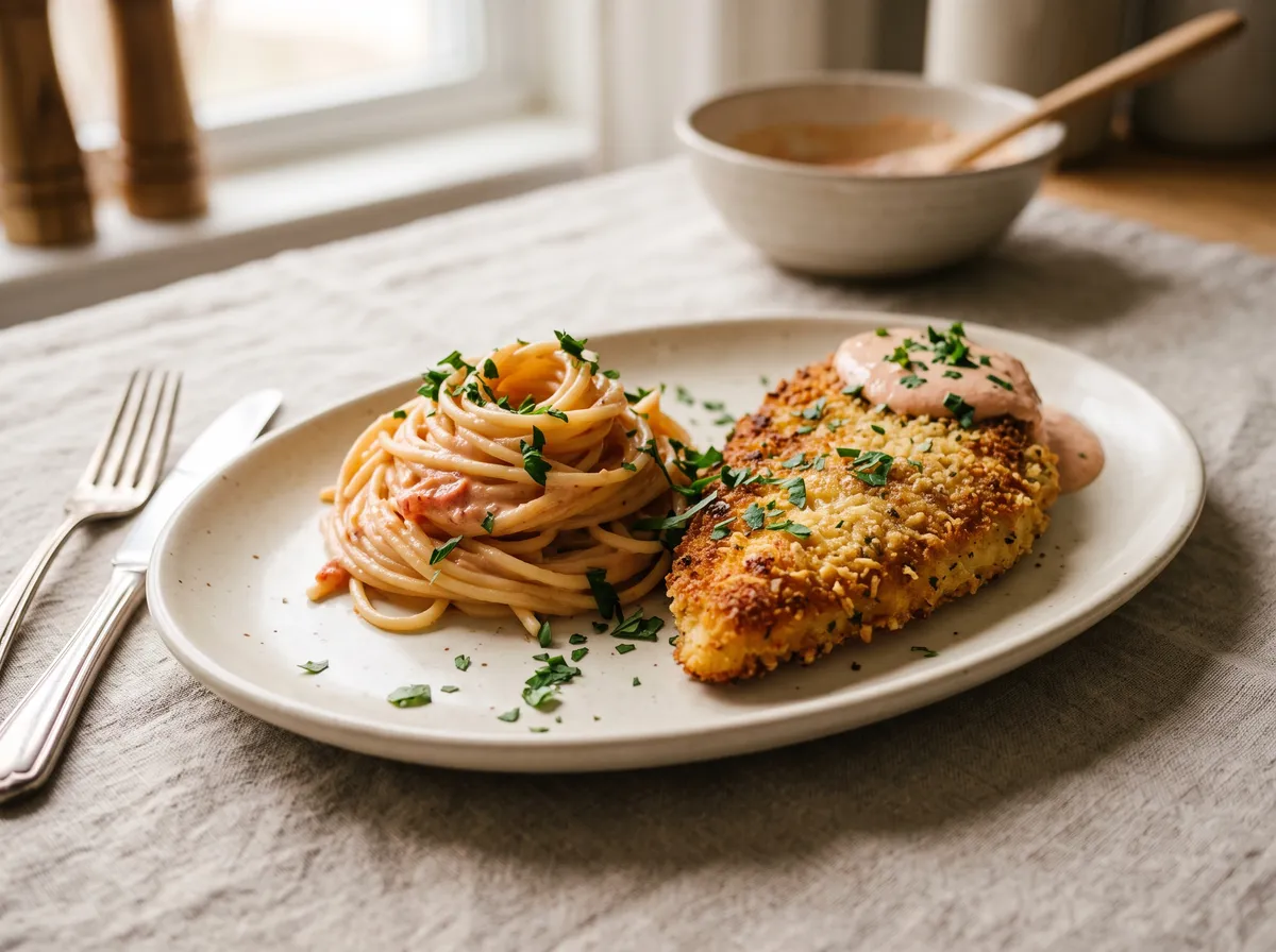 Spaghetti in pink tomato sauce beside a golden cheese-crusted chicken cutlet, sauce over one end