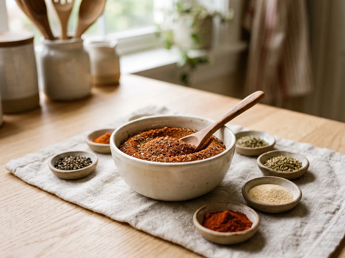 A bowl of homemade salt-free Cajun spice blend with the separate spices around it