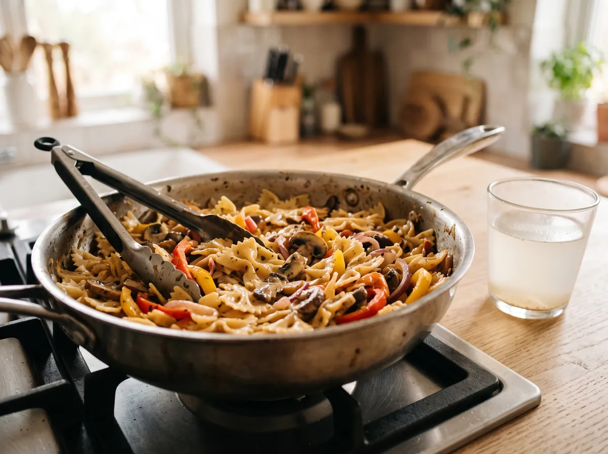 Farfalle tossed in the spiced cream sauce with tongs