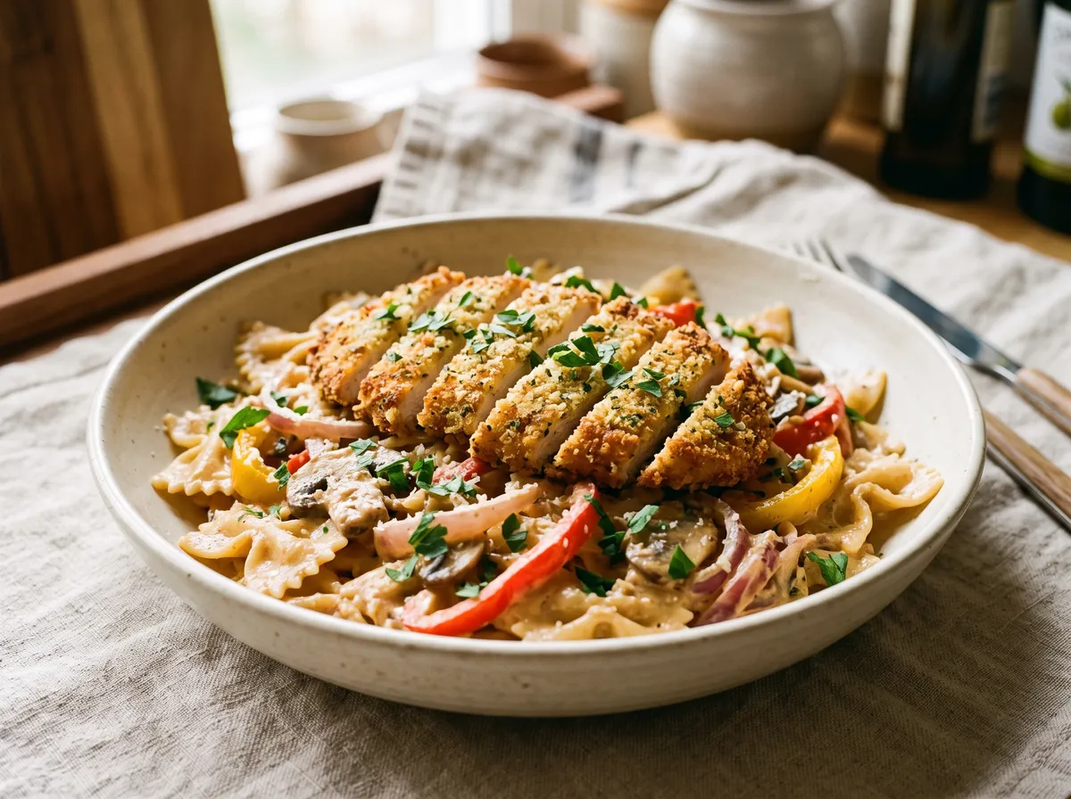 Farfalle in Cajun cream sauce topped with a sliced parmesan-crusted chicken cutlet