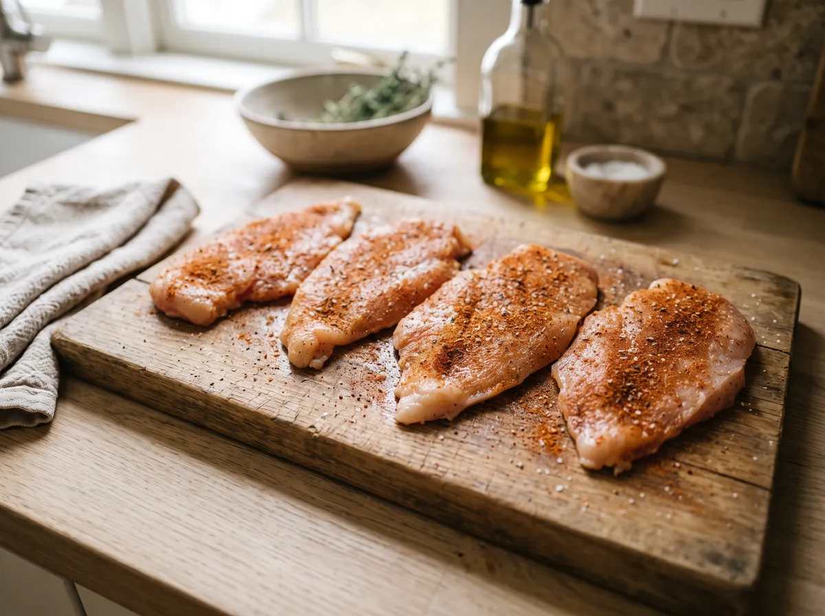 Pounded chicken cutlets seasoned with Cajun spice on a wooden board