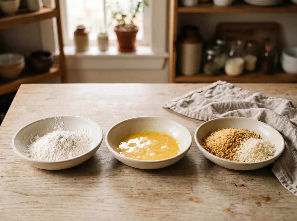 Breading station: flour, beaten egg, and breadcrumbs with parmesan