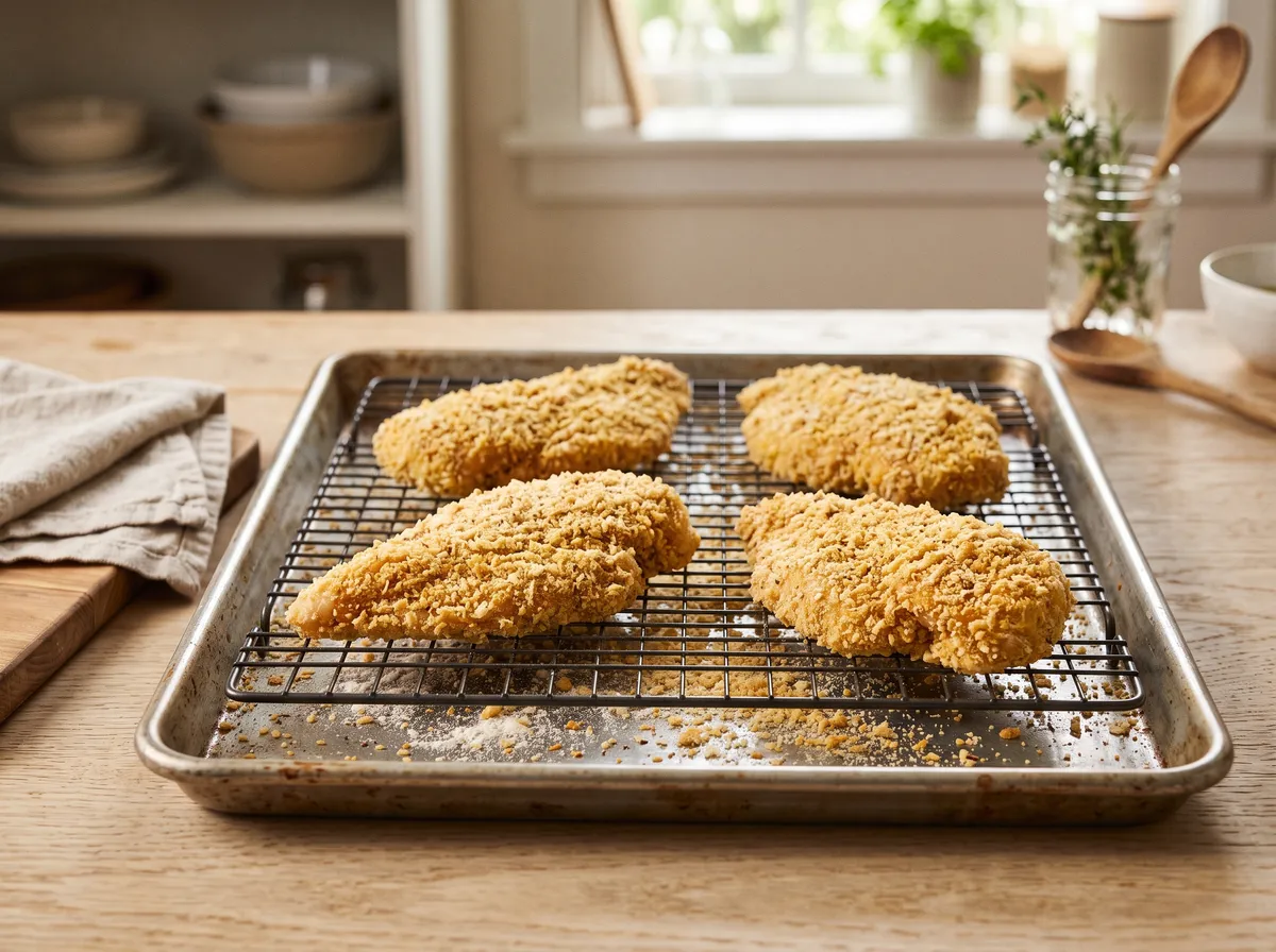 Four breadcrumb and parmesan crusted chicken cutlets on a wire rack