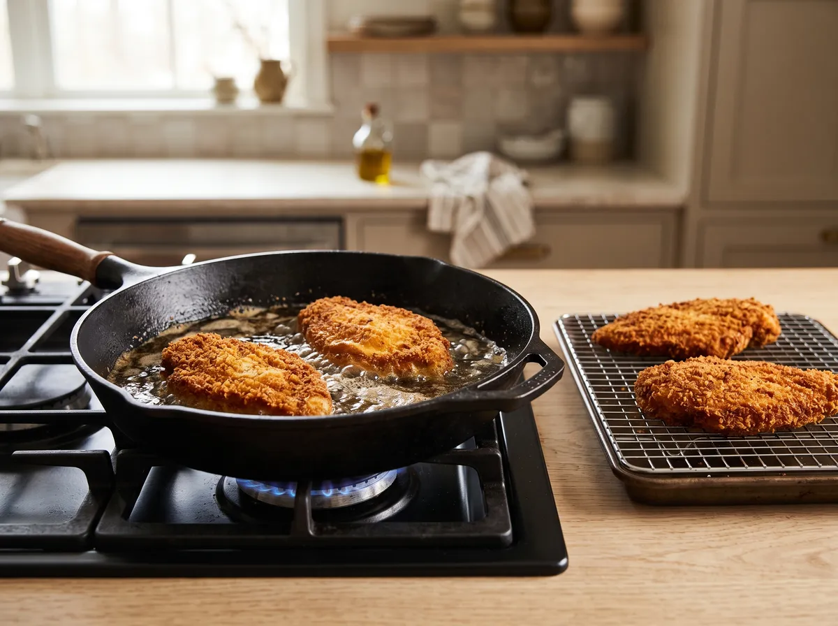 Crusted chicken cutlets frying in a cast-iron skillet, two finished on a rack