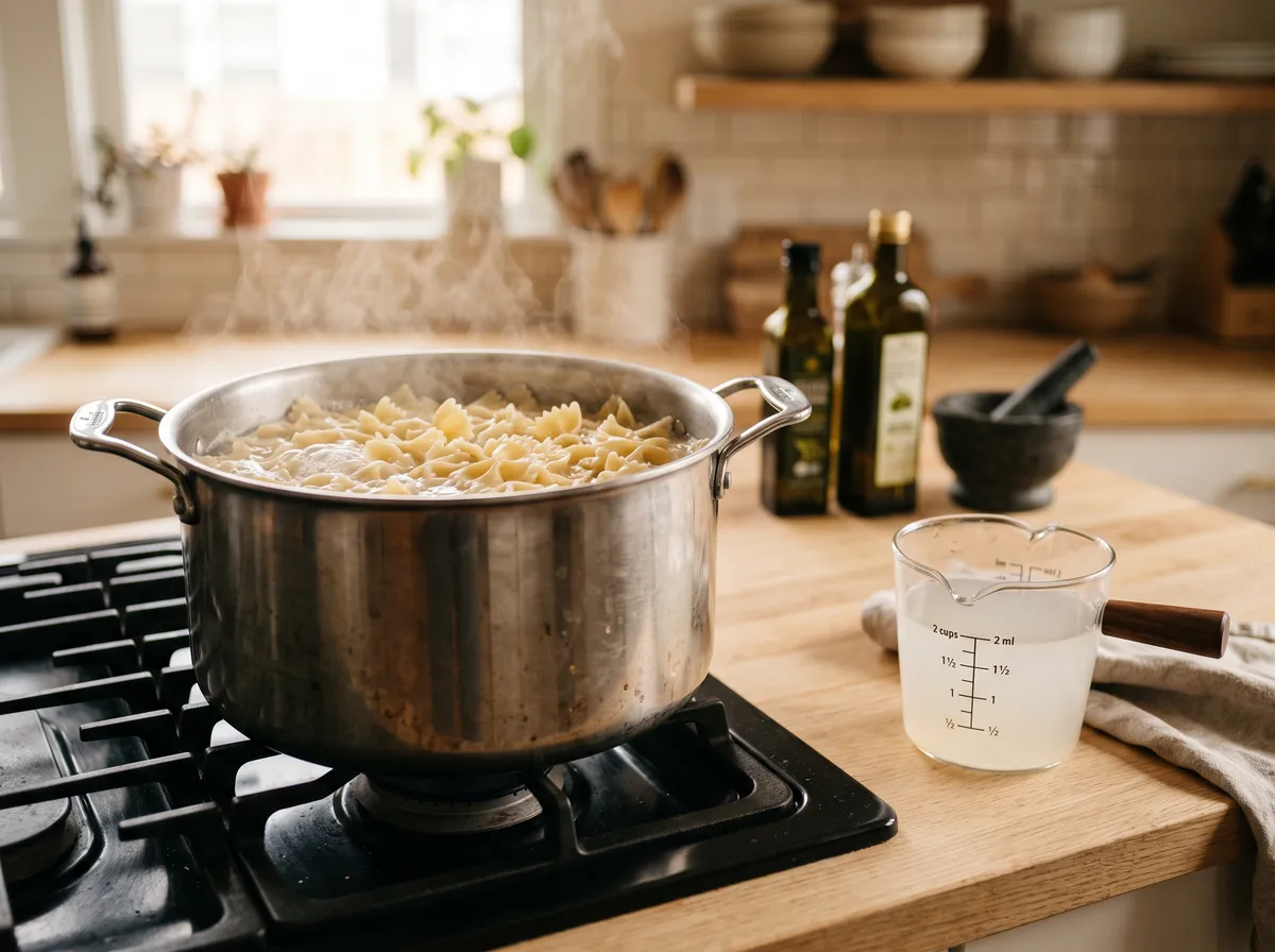 Farfalle boiling in a stainless pot beside a cup of pasta water