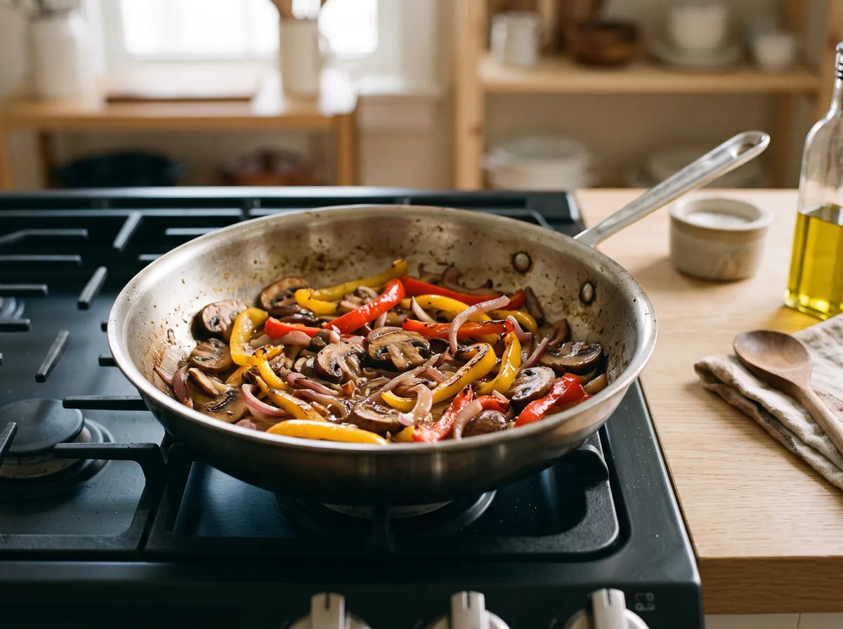 Mushrooms, red and yellow peppers and red onion cooking in butter