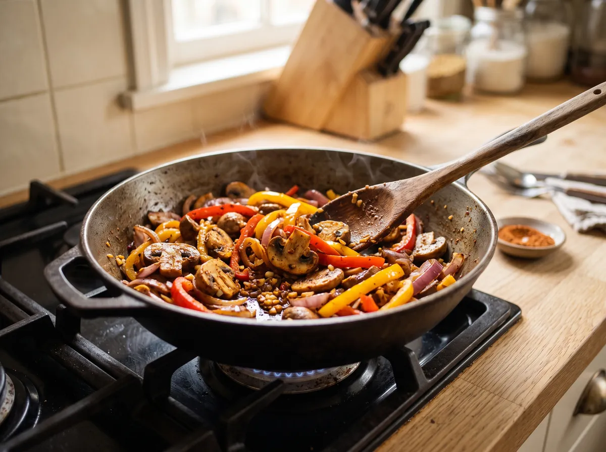 Vegetables stirred with Cajun spices and garlic in a saute pan