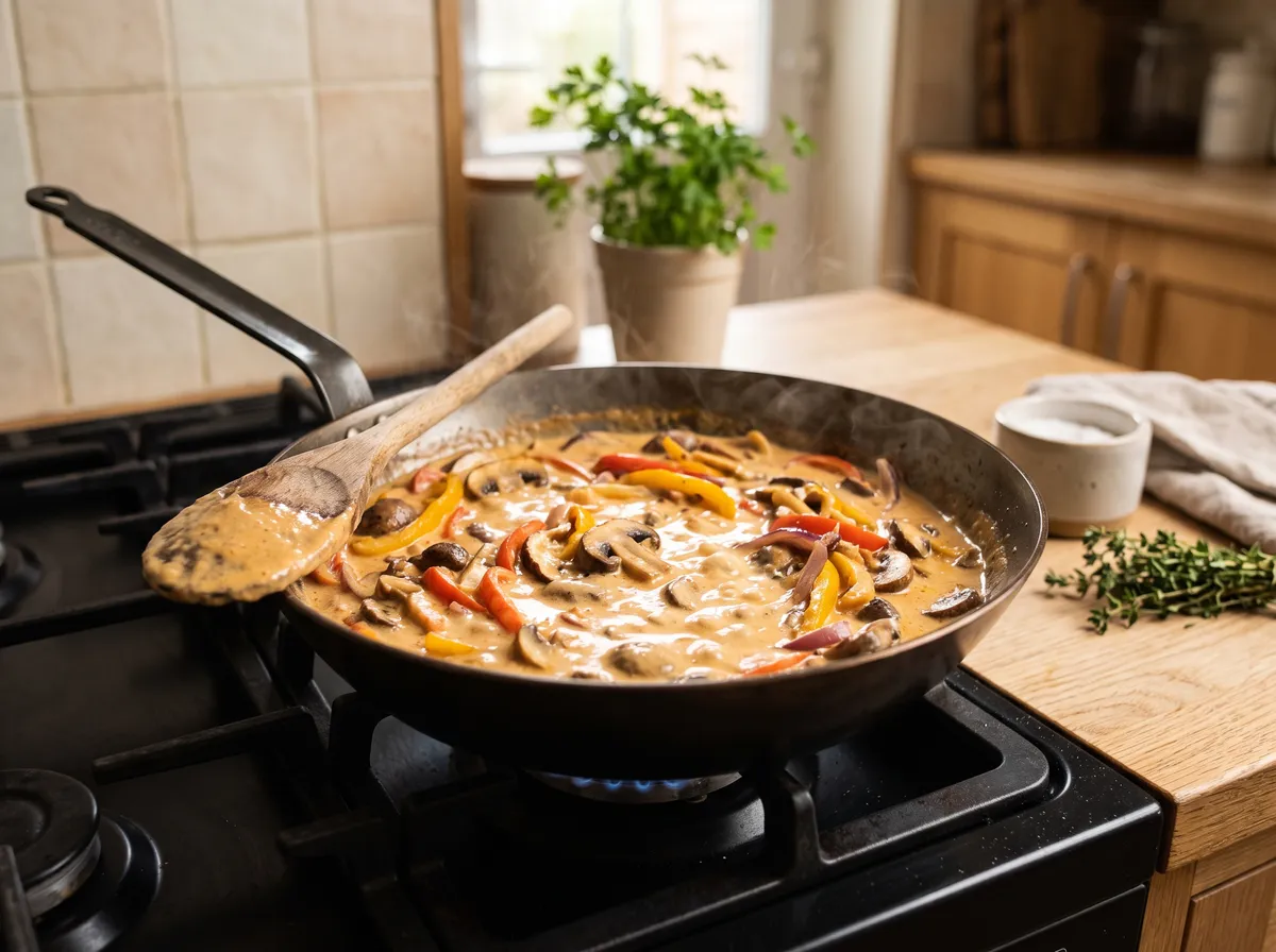 Spiced cream sauce simmering with mushrooms, peppers and onion