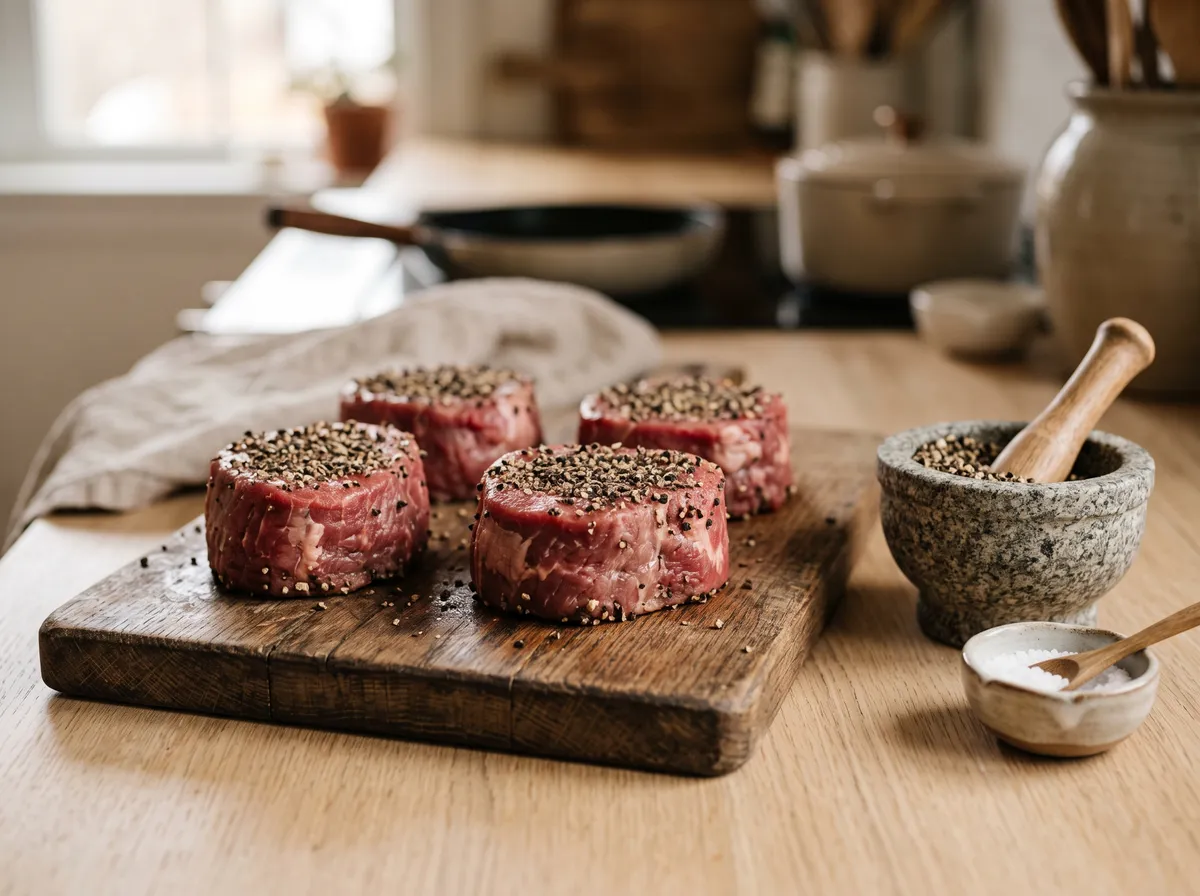 Four thick beef tenderloin medallions pressed with cracked black peppercorns on a wooden board