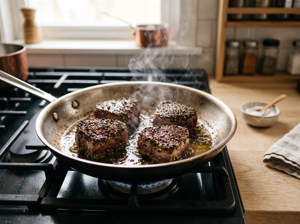 Peppercorn-crusted beef medallions searing in a stainless steel skillet