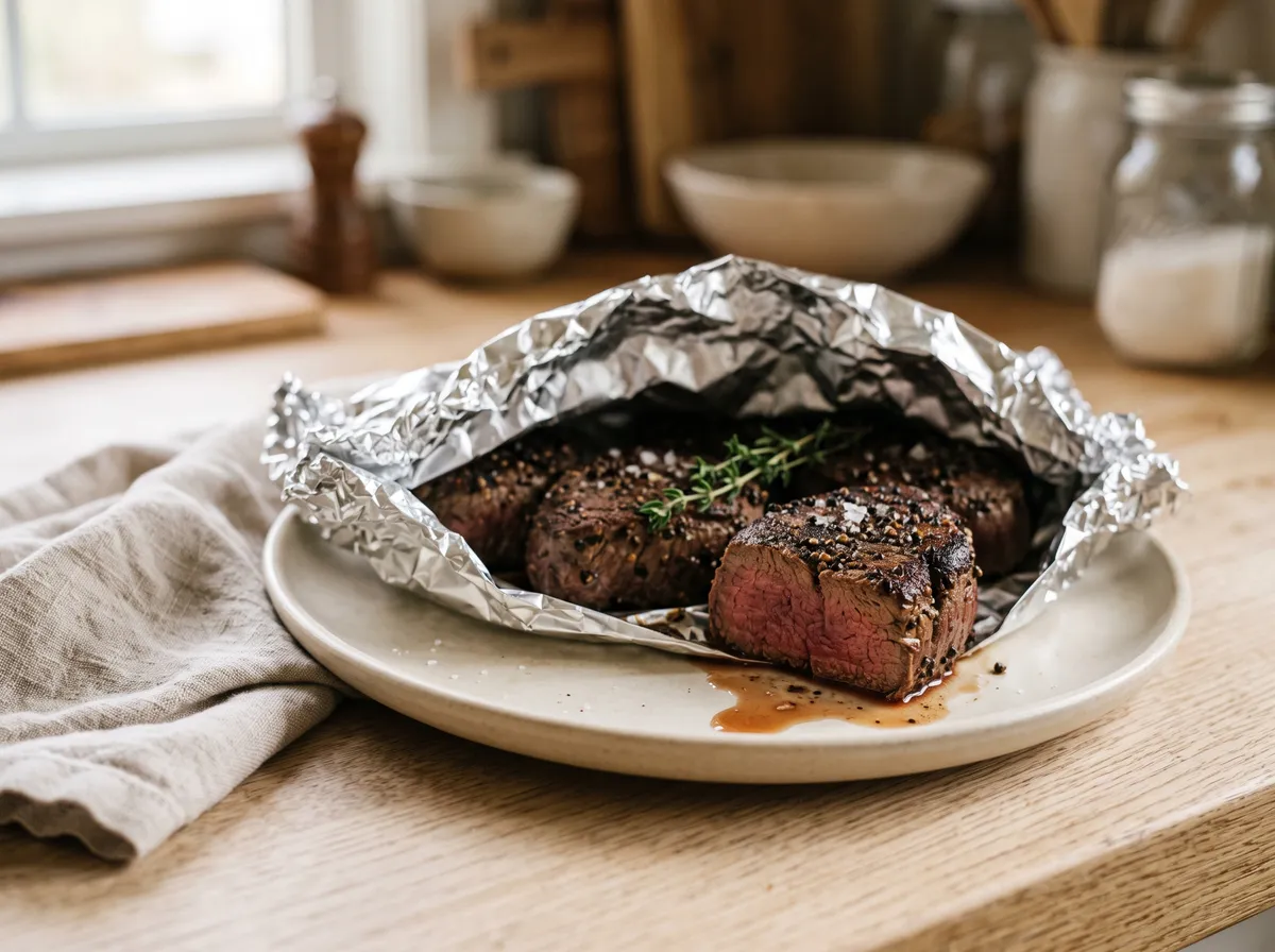 Seared beef medallions resting on a plate under loosely tented foil