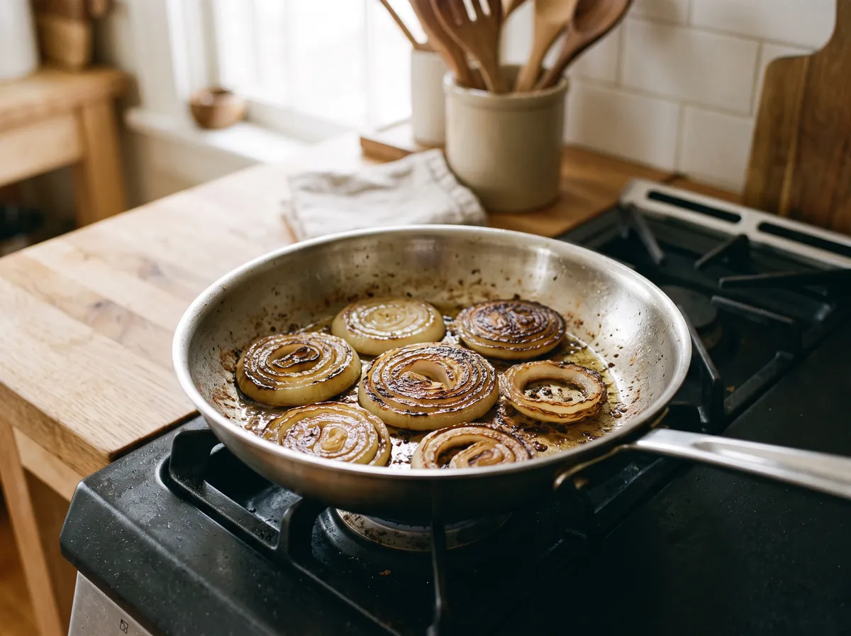Thick onion rings charred at the edges in a stainless steel skillet