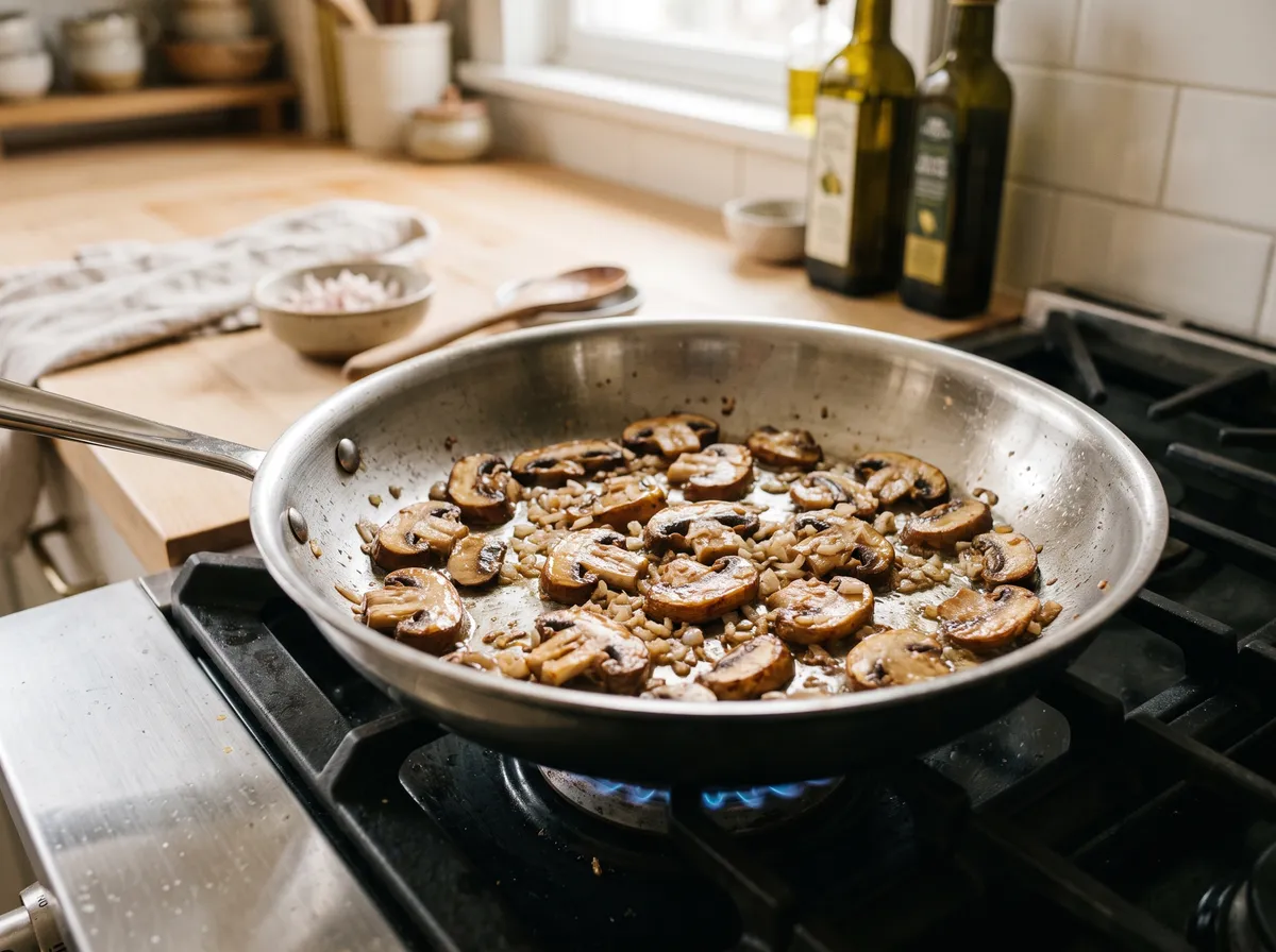 Sliced cremini mushrooms browning in butter in a skillet