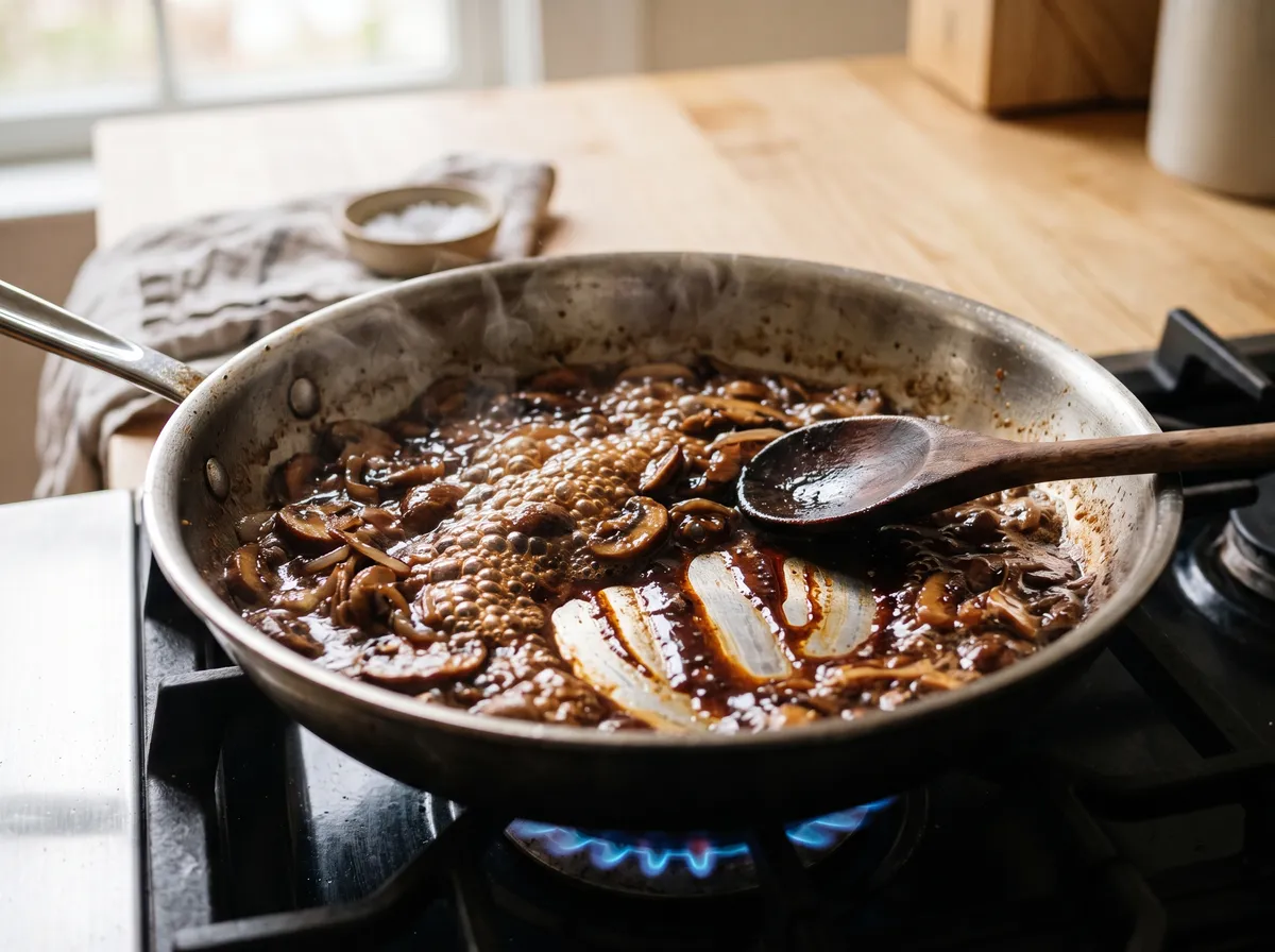 Madeira reducing over browned mushrooms in a stainless steel skillet