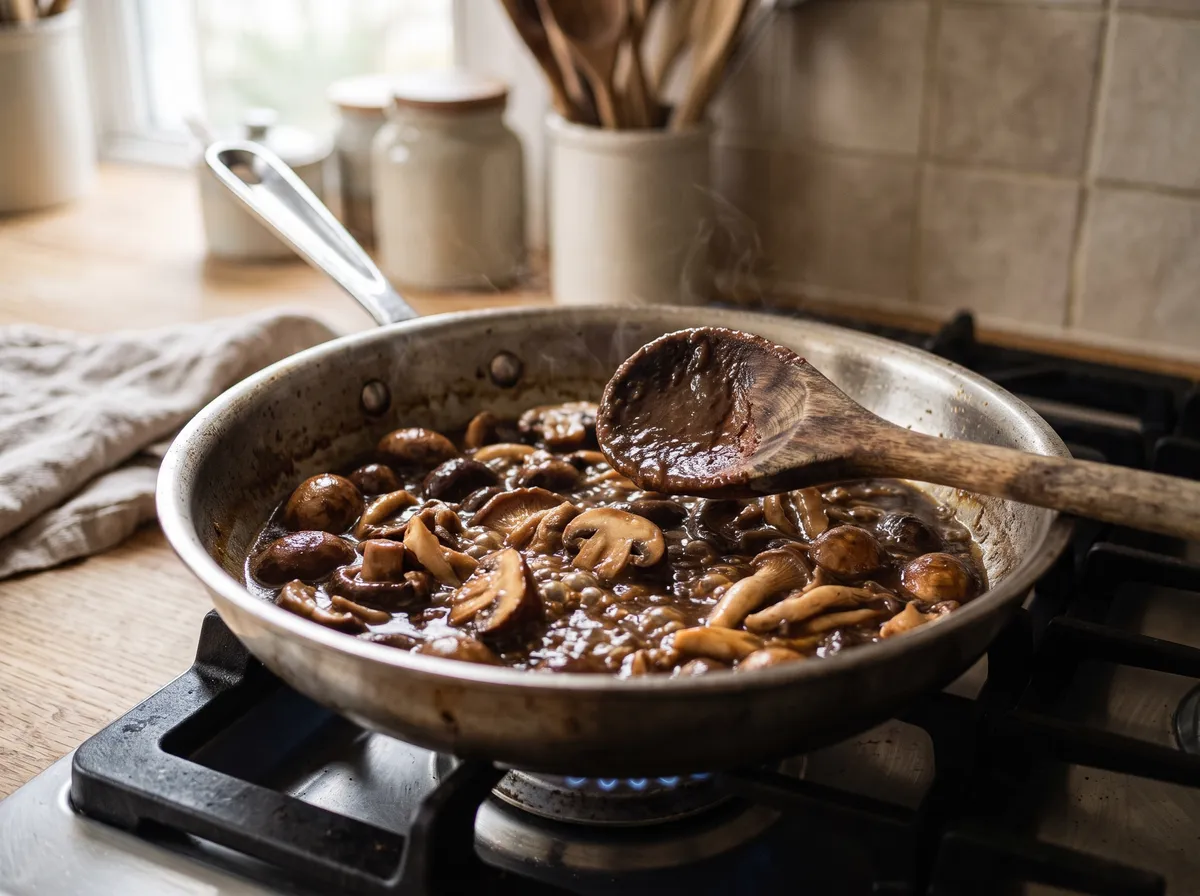 Mushrooms simmering in a reduced beef stock sauce with a wooden spoon