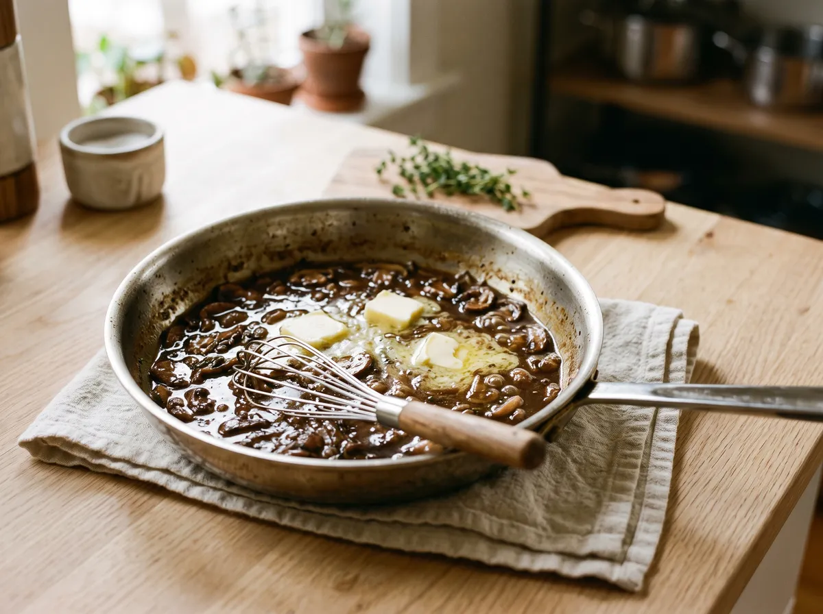 Mushroom pan sauce off the heat with cold butter cubes and a whisk