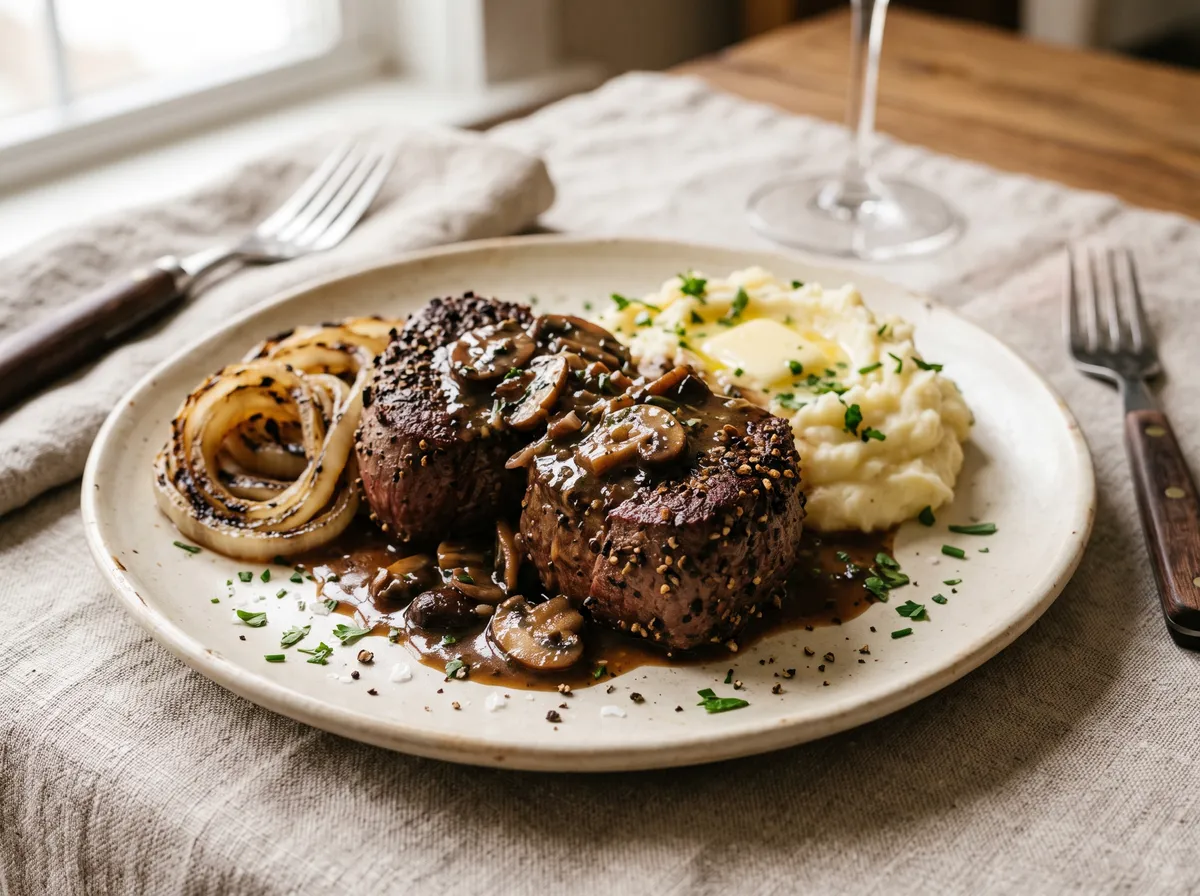 Two peppercorn-crusted medallions under mushroom Madeira sauce with grilled onions and mashed potatoes