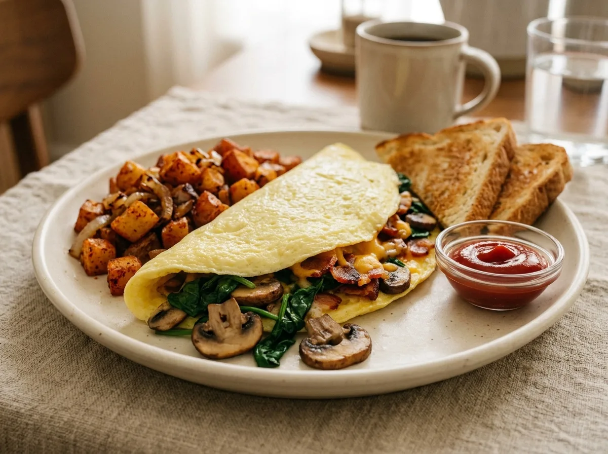 Spinach, Mushroom, Bacon and Cheese Omelette