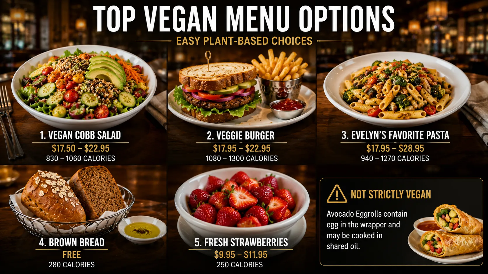 Top vegan menu items and prices at The Cheesecake Factory
