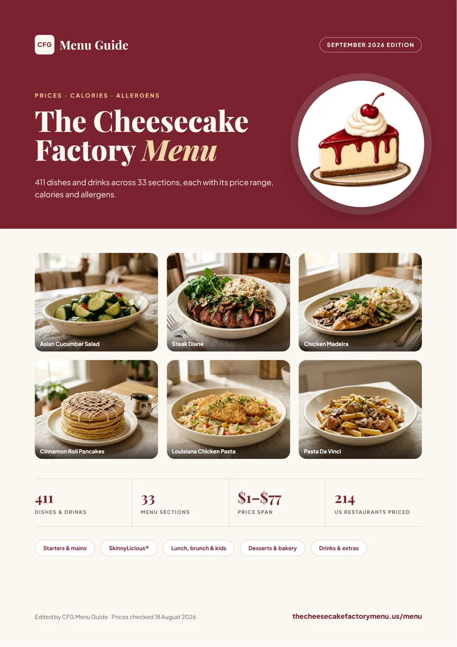 Cover of the September 2026 Cheesecake Factory menu PDF